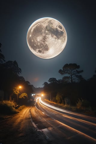 (Long-exposure photography) a night photograph of the full moon out of a slowly moving car,  300mm, f8, t1,5s, dark palette,  high resolution and contrast and colour contrast,  intricately textured and extremely subtle detailed,  detailmaster2,  side-light,  ultra quality,  fine artwork 