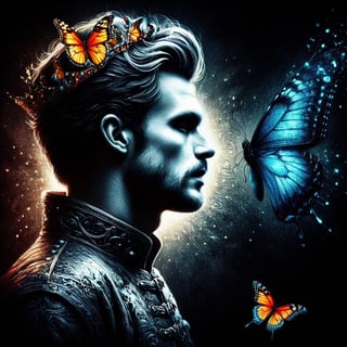 A man , a king who wishes becoming  a butterfly,  vivid palette,  moody lighting,  high resolution and contrast,  intricately textured and extremely detailed,  detailmaster2,  side-light,  best quality,  fine artwork,ink art