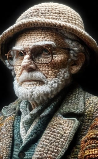 The fully crocheted portrait of an old, wise looking man looking into the wide in a fully crocheted 
parc background,  dark palette,  high resolution and contrast and colour contrast,  intricately textured and extremely subtle detailed, detailmaster2, epic view, side-light, ultra quality,  fine artwork 