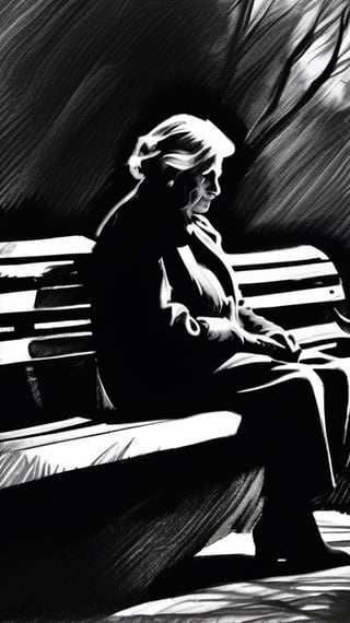 A charcoal sketch of an elderly woman sitting alone on a park bench staring into the emptiness of the day, cold atmosphere,  high resolution and contrast,  intricately textured and detailed,  detailmaster2,  side-light,  ray tracing shadows,  best quality 