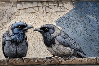 A photographic mosaic  of a hooded crow having met a common raven in a street corner to look for some eadible trash, dark palette ,  high resolution and contrast and colour contrast,  intricately textured and extremely subtle detailed,  detailmaster2,  side-light,  epic view,  fine artwork ,more detail XL