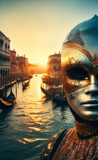 A double-exposure  first the sunrise over a canale in Venice second people in venetian carnival make up,  high resolution and contrast and colour contrast,  intricately textured and extremely subtle detailed,  detailmaster2,  backlight,  ultra quality,  fine artwork 