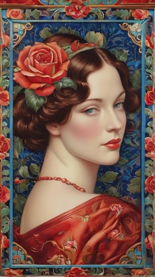 (Cloisonnism) A cloisonnist wall-hanging with fantastic red roses decorating the cloisonnist portrait of a woman of the 30s,, vivid palette,  intricately textured and extremely subtle detailed,  detailmaster2,  side-light,  high resolution and contrast,  high colour contrast,  deep focus, depth of field,  ultra quality ,Pomological Watercolor