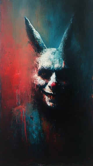 Easter bunny ,whole body, an absolute charming, freaky  easter bunny leaning  against a house wall and lsmokes a joint looking into the world with kind of a satanic grin on his face, deep focus,  high color contrast,   detailmaster2, ultra quality, side-light,epic view,Colorful Binary Code Energy