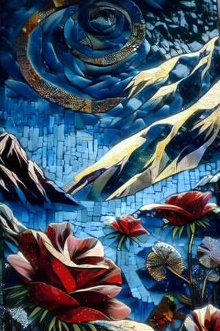 A glass mosaic of landscape with small lake and trees around in the foreground and high mountains  in the background,  dark palette,  high resolution and contrast and colour contrast,  intricately textured and extremely subtle detailed,  detailmaster2,  side-light,  epic view,  fine artwork ,DonMPl4sm4T3chXL ,colorful, dark_magician_girl,ArtDecoXL,more detail XL