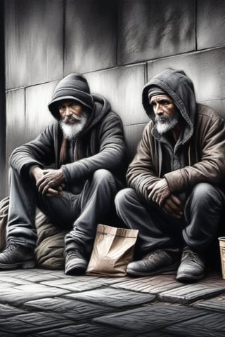 (CharcoalDarkStyle drawing) 3 homeless persons hanging around in town begging, dark palette,  high resolution and contrast and colour contrast,  intricately textured and extremely subtle detailed,  detailmaster2,  side-light,  epic,  ultra quality,  fine artwork ,CharcoalDarkStyle