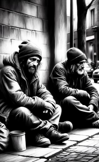(CharcoalDarkStyle drawing) 3 homeless persons hanging around in town begging, dark palette,  high resolution and contrast and colour contrast,  intricately textured and extremely subtle detailed,  detailmaster2,  side-light,  epic,  ultra quality,  fine artwork ,CharcoalDarkStyle
