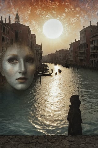 An infrared double-exposure  first shot the sunrise over a canale in Venice second shot 1 male and 1 female vis-a-vis in classical venetian carnival masking,  high resolution and contrast and colour contrast,  intricately textured and extremely subtle detailed,  detailmaster2,  backlight,  ultra quality,  fine artwork 