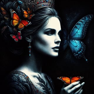 A woman , a queen who wishes becoming  a butterfly,  vivid palette,  moody lighting,  high resolution and contrast,  intricately textured and extremely detailed,  detailmaster2,  side-light,  best quality,  fine artwork,ink art