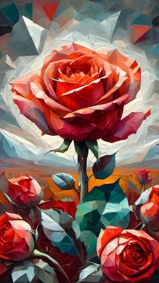 A dramatic surrealist All-Rose Digital Painting, in Max Ernst's style,  on different papers, different looks, different colours, intricately textured, structured and detailed,  deep focus, deep contrast, clear outlines, detailmaster2,  backlight, scarlet-grey background, dark palette,artistic oil painting stick,ral-polygon