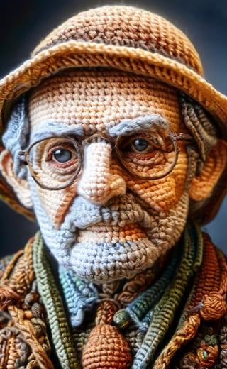 The fully crocheted portrait of an old, wise looking man looking into the wide, crocheted 
parc background,  dark palette,  high resolution and contrast and colour contrast,  intricately textured and extremely subtle detailed, detailmaster2, epic view, side-light, ultra quality,  fine artwork 