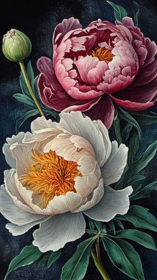 A dramatic All-Peony Plant Collage, of different papers, different looks, different colours, intricately textured, structured and detailed,  deep focus, deep contrast, clear outlines, detailmaster2,  backlight,  dark palette,  ,aw0k collage,digital painting,oil paint,ink ,ink art,Pomological Watercolor,watercolor