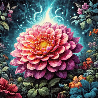 A WONDER flower for everybody that brings love and courage back together with high_resolution and contrast and colour contrast,  intricately textured and extremely subtle and elegantly detailed,  detailmaster2, side-light,  ultra quality ,Movie Poster,ink art,retro ink,line art illustration