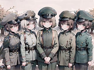 ((best quality, clearly drawn face, 8k)), ((sepia)), ((multiple girls, 6girls, short hair, ww1 greman military uniform, ww1ger, military cap)), ((military units, group photo, group picture))