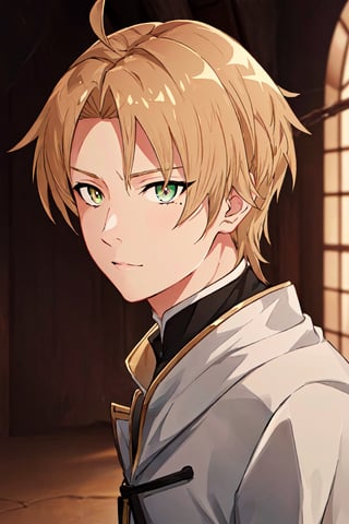location: medieval castle,

hair & face: dark blonde hair with black streaks, slit pupils, perfect eyes, (beautiful_face:1.5), Beautiful Nose

role lock: 1 boy, Solo, Manga, Beautiful character design, lustrous skin,

quality: official art, extremely detailed CG unity 8k wallpaper, perfect lighting, Colorful, Bright_Front_face_Lighting, 
(masterpiece:1.0),(best_quality:1.0), ultra high res,4K,ultra-detailed, 
photography, 8K, HDR, highres, absurdres :1.2 , Kodak portra 400, film grain, blurry background, bokeh:1.2, lens flare, (vibrant_color:1.2) , ray tracing,

body: muscular, Male focus, 

character: Takeda Hiromitsu style,rudeus_greyrat