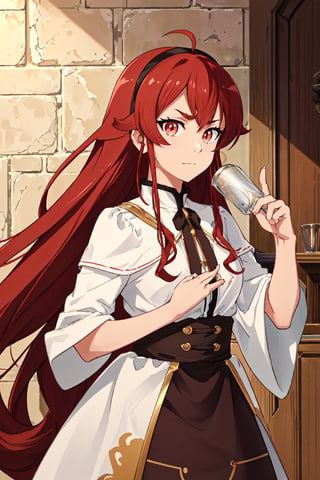 location: medieval bar,

hair & face: dark red hair with black streaks, long hair, slit pupils, perfect eyes, (beautiful_face:1.5), Beautiful Nose

role lock: 1 girl, Solo, Manga, Beautiful character design, lustrous skin,

quality: official art, extremely detailed CG unity 8k wallpaper, perfect lighting, Colorful, Bright_Front_face_Lighting, 
(masterpiece:1.0),(best_quality:1.0), ultra high res,4K,ultra-detailed, 
photography, 8K, HDR, highres, absurdres :1.2 , Kodak portra 400, film grain, blurry background, bokeh:1.2, lens flare, (vibrant_color:1.2) , ray tracing,

body: (Beautiful,small_Breasts:1.4), (beautiful_face:1.5),(narrow_waist), Beautiful Finger,

others: whisker markings,

character: Takeda Hiromitsu style,