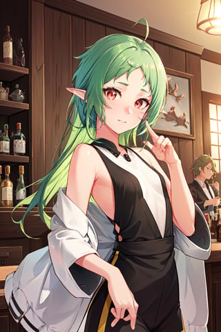 location: medieval bar,

hair & face: green hair with, red eyes, long hair, slit pupils, perfect eyes, (beautiful_face:1.5), Beautiful Nose

role lock: 1 girl, Solo, Manga, Beautiful character design, lustrous skin,

quality: official art, extremely detailed CG unity 8k wallpaper, perfect lighting, Colorful, Bright_Front_face_Lighting, 
(masterpiece:1.0),(best_quality:1.0), ultra high res,4K,ultra-detailed, 
photography, 8K, HDR, highres, absurdres :1.2 , Kodak portra 400, film grain, blurry background, bokeh:1.2, lens flare, (vibrant_color:1.2) , ray tracing,

body: (Beautiful,small_Breasts:1.4), (beautiful_face:1.5),(narrow_waist), Beautiful Finger,

others: whisker markings,

character: Takeda Hiromitsu style,1girl
