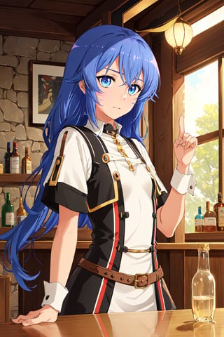 location: medieval bar,

hair & face: dark blue hair with black streaks, long hair, slit pupils, perfect eyes, (beautiful_face:1.5), Beautiful Nose

role lock: 1 girl, Solo, Manga, Beautiful character design, lustrous skin,

quality: official art, extremely detailed CG unity 8k wallpaper, perfect lighting, Colorful, Bright_Front_face_Lighting, 
(masterpiece:1.0),(best_quality:1.0), ultra high res,4K,ultra-detailed, 
photography, 8K, HDR, highres, absurdres :1.2 , Kodak portra 400, film grain, blurry background, bokeh:1.2, lens flare, (vibrant_color:1.2) , ray tracing,

body: (Beautiful,small_Breasts:1.4), (beautiful_face:1.5),(narrow_waist), Beautiful Finger,

others: whisker markings,

character: Takeda Hiromitsu style,