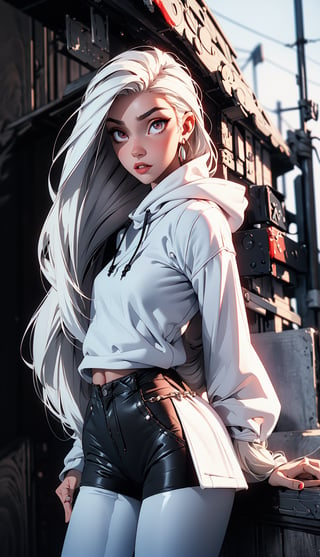 (windy background), (best detailed), (best lighting), ( ultra-detailed), (best quality), Female vampire, red eyes, (detail eyes), pale_skin, white_hair, ((straight_hair)), bangs, long-hair, past-the-weste, beautiful breasts, (black tight hoody sweater), (white skirt), leaning on the wall, (black spandex pants), clouds,3DMM,midjourney,perfecteyes