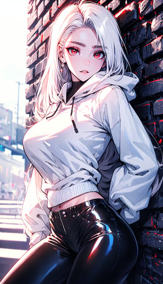 (windy background), (best detailed), (best lighting), ( ultra-detailed), (best quality), Female vampire, red eyes, (detail eyes), pale_skin, white_hair, ((straight_hair)), bangs, long-hair, past-the-weste, beautiful breasts, (black tight hoody sweater), (white skirt), leaning on the wall, (black spandex pants), clouds,midjourney,perfecteyes