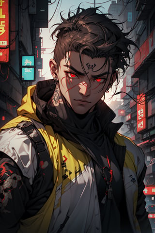 post-cyberpunk, cyborg, male, dark_clothes, neon_yellow, yellow_tattoos, fierce, detailed, high resolution, bold, korean Manhwa art style by Choo Hye Yeon, red eyes,perfecteyes