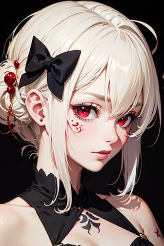 (beautiful face), red eyes, white hair, (tattoo on the body), (black bow on back of head), (high quality, best quality, 4k), masterpiece, trending on artstation,dragon scale