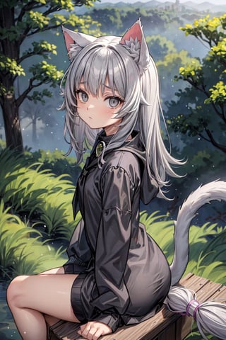 best quality, masterpiece, 8k, 1female, adult, light gray hairs, cat ears, cat tail, gray eyes, wind flopping her cloths, sitting on a broom, floating in the air, particles sourrounding him, showing fatigue, jokey look look, forest background, wonderful, beautiful background, view from high, prefect face 