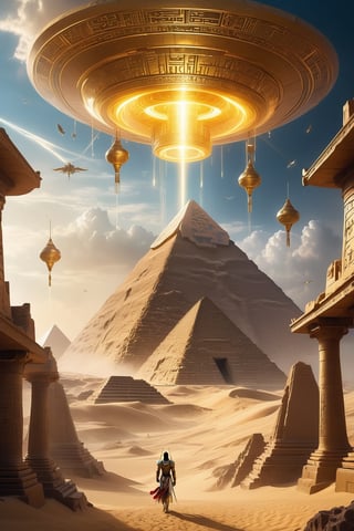 Experience the wonder of ancient Egypt with a modern twist - imagine UFOs soaring above the majestic pyramids, their otherworldly lights casting an eerie glow on the sand below.,Chinese dragon,Cyberpunk,Golden Warrior Mecha