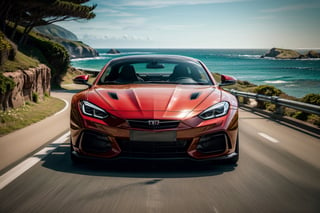 (best quality, 4k, 8k, highres, masterpiece:1.2), ultra-detailed, (realistic, photorealistic, photo-realistic:1.37), shiny red sports car, sleek and aerodynamic design, glistening in the sunlight, powerful engine roaring, parked on a scenic coastal road, surrounded by lush greenery and a breathtaking ocean view, with waves crashing against the rocks, capturing the dynamic movement, vibrant colors and textures of the surroundings, emphasizing the speed and elegance of the car, creating a sense of excitement and adventure.
,Car,perfect