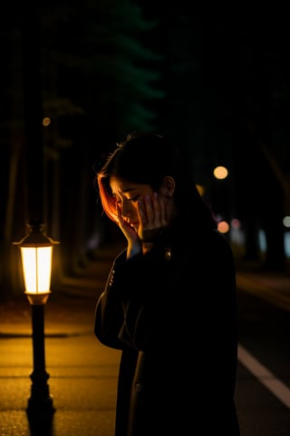 masterpice, beautiful asian girl, dark_hair, black coat, sad face, crying, crying_tears, low light form street lamp on the road near the dark forest, eyes look down, head look down one hand on face