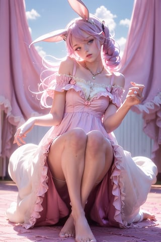 EpicGhost, masterpiece, best quality, extremely detailed, nice hands, perfect anatomy, full_body, (anthro,furry,kemono), bunny, rabbit, animal ears, body fur, 
1girl, ((ponytails, twintails, pink hair, bangs)), blue eyes, ((pink dress,1910s clothes,frilly dress, flowing translucent dress, off_shoulder, barefoot)), rabbit nose, (white fur), surrounded by rabbit plushies, candy, tea party, (delicate and graceful movements:1.3), (soft pastel colors:1.1), art_nouveau, art nouveau architecture, art nouveau designs,