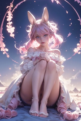 EpicGhost, masterpiece, best quality, extremely detailed, nice hands, perfect anatomy, full_body, (anthro,furry,kemono), bunny, rabbit, animal ears, body fur, 
1girl, ((ponytails, twintails, pink hair, bangs)), blue eyes, ((pink dress,1910s clothes,frilly dress, flowing translucent dress, off_shoulder, barefoot)), rabbit nose, (white fur), surrounded by rabbit plushies, candy, tea party, (delicate and graceful movements:1.3), (soft pastel colors:1.1), art_nouveau, art nouveau architecture, art nouveau designs,