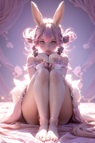 EpicGhost,masterpiece, best quality, extremely detailed, nice hands, perfect anatomy, full_body, (anthro,furry,kemono), bunny, rabbit, animal ears, body fur, 
1girl, ((ponytails, twintails, pink hair, bangs)), blue eyes, ((pink dress,1910s clothes,frilly dress, flowing translucent dress, off_shoulder, barefoot)), rabbit nose, (white fur), surrounded by rabbit plushies, candy, tea party, (delicate and graceful movements:1.3), (soft pastel colors:1.1), art_nouveau, art nouveau architecture, art nouveau designs,