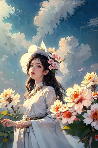 EpicArt, (realistic,best quality:1.2), a sky full of flowers,cloud, 1girl, wear ao dai, hat,EpicArt