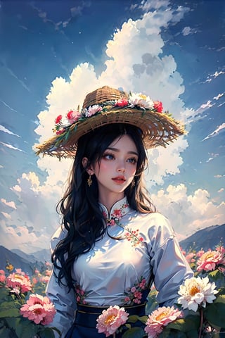 EpicArt, (realistic,best quality:1.2), a sky full of flowers,cloud, 1girl, wear ao dai, hat,EpicArt
