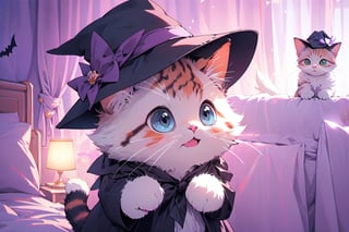 (best quality:1.2),EpicMeo,EpicGhost,cat, hat, dress shirt, white cat,halloween style, purple theme,EpicArt