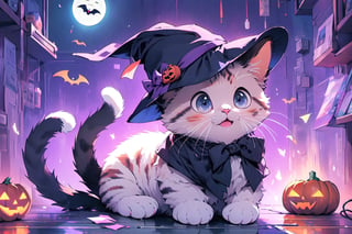 (best quality:1.2),EpicMeo,EpicGhost,cat, hat, dress shirt, white cat,halloween style, purple theme,EpicArt