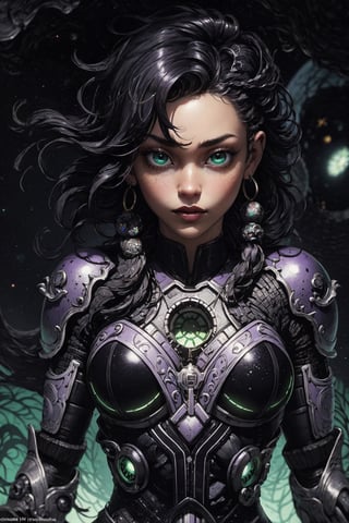 DArt,centered, digital art, upper body, (beautiful detailed eyes:1.2), | solo, ebony woman, wearing the black and purple cybernetic armor with green parts of Space Woman, tight bodysuit, black hair, dreadlock hair, emerald eyes, muscular proportions, | in a dungeon made all of metal, | bokeh , depth of field