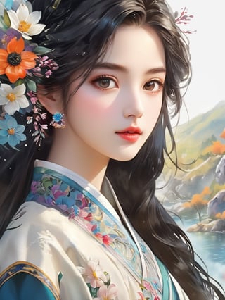 stechu,(white background:1.4), ((tachi-e)), original,(illustration:1.1),(best quality),(masterpiece:1.1),(extremely detailed CG unity 8k wallpaper:1.1), (colorful:0.9),(panorama shot:1.4),(solo:1.2), (ink splashing),(color splashing),((watercolor)), clear sharp focus,{ 1girl standing },((korean style )),flower background,outdoors,rocks, looking at viewer, make happy expressions,soft smile,pure,beautyfull detailed face and eyes,beautyfull intricacy clothing decorative pattern details, black hair,black eyes,colorwater