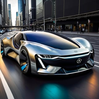 Futuristic Hi-Tech, High Waist, Type 7, Sleek Sci-Fi Bodywork, Large Rear Wheels, Shiny Black and Silver Chrome Protective Tubes, (((Black Wheels))), Black Rubber Tires, On the Road Cyberpunk Urban Background, masterpiece, best quality, Noon, Front View, Symmetrical,c_car,Concept Cars