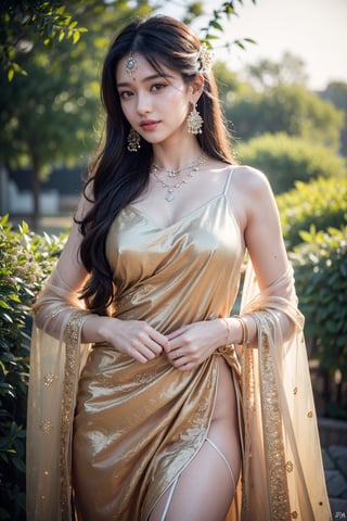 best quality, masterpiece, highres, 1girl, transparent silk china dress, hair ornament, looking at viewer, smile, closed mouth,lips, dress,hair ornament, necklace, jewelry, Indian sexy clothes, long hair, earrings, Beautiful face,upon_body, tyndall effect,photorealistic, rim lighting, two tone lighting,(high detailed skin:1.2), 8k uhd, dslr, soft lighting, high quality, volumetric lighting, candid, Photograph, high resolution, 4k, 8k, Bokeh, in garden, morning