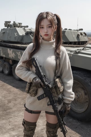 A stunning, high-resolution masterpiece showcases a solo female warrior standing confidently in front of a simple, light gray background. Her striking brown eyes gleam as she smiles warmly at the viewer, her twin tails flowing gently down her back. Wearing brown gloves and long sleeves, she holds a rifle against her shoulder, with a camouflaged tank looming large behind her. A rugged truck and military vehicle flank her, while a deformed tank (1.5 times larger) dominates the horizon. Her outfit is completed by a helmet, goggles on hat, and boots, all amidst an exquisite texture that rivals reality.