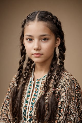 A stunning, 8K HDR image of a Native American young girl from 1890, captured with meticulous attention to detail and presented in a beautiful, sepia-toned print. She sits confidently, her eyes cast downward, her long braids gently falling down her back. Her traditional clothing is adorned with intricate patterns and beads, framing her radiant beauty face. The surrounding village scene is rendered with high-quality texture, showcasing the daily lives of Native American village.