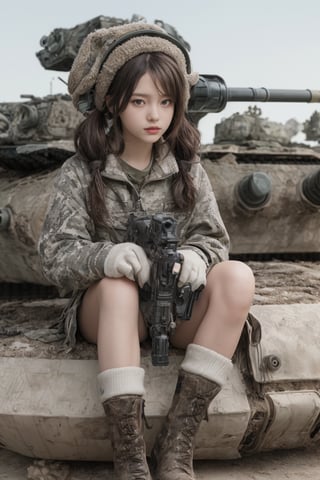 Masterpiece, Beautiful details, Perfect focus, Uniform 8K wallpaper, High resolution, Exquisite texture down to the smallest detail, Deformed, Simple background, Light gray background, 1 woman, Solo, Looking at viewer, Brown hair, Twin tails, Brown eyes, Smiling, Gloves, Long sleeves, Holding, Jacket, Weapon, Boots, Socks, Bag, Holding weapon, Gun, Military, Traditional media, Backpack, Helmet, Goggles, Ground vehicle, Holding gun, Automobile, Rifle, Cannon, Military vehicle, Camouflaged tank, Rugged truck, ((Deformed tank:1.5)), Machine gun, Goggles on hat,Deformed,dal-6 style