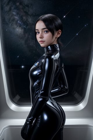 A petite little girl in a futuristic spacesuit stands in a sideview pose on a space ship, gazing directly at the viewer without a smile. Her short neck and black hair frame her dreamy face, while her small perky breasts and slim hot body are accentuated by the glossy ceramic-plastic bodysuit. The white and black accents of the suit create a striking contrast against the dark cosmos, with stars and planets visible through the window in the night sky.