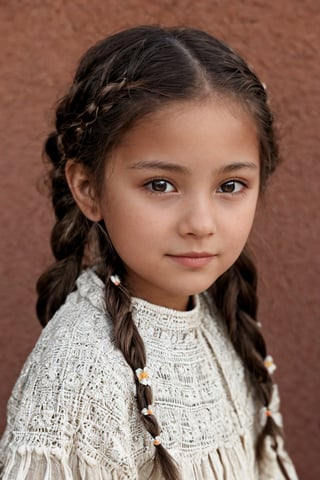 Sepia-toned 8K HDR close-up captures a young Native American girl from 1890, radiating confidence as she gazes directly at the viewer. Soft setting sun glow warms her blushing face, highlighting intricate beadwork and braids against a warm background. Traditional clothing wraps around her slender frame, textured with details. In the foreground, her confident pose is juxtaposed with the vibrant bustle of village life in the distance, where community members go about their daily routines.