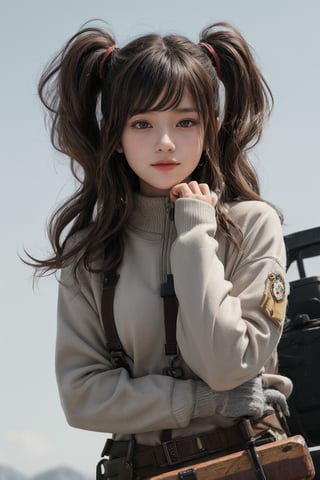 A dal-6 inspired masterpiece featuring a solo woman with brown hair in twin tails and warm brown eyes, smiling directly at the viewer. She wears gloves, long sleeves, and a jacket while holding a weapon - a rifle or cannon - on a rugged truck with camouflaged tank-like design. The background is a light gray uniform 8K wallpaper, showcasing exquisite texture down to the smallest detail. Perfect focus highlights her deformed features, set against a simple yet powerful composition.