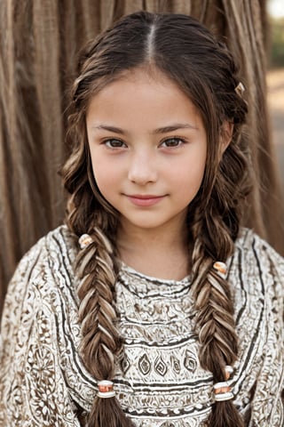 A sepia-toned 8K HDR close-up captures a young Native American girl from 1890, exuding radiant confidence as the soft setting sun glow warms her excited face, blushing as she gazes directly at the viewer. Intricate patterns and beads on her braids shimmer in the fading light, while traditional clothing wraps around her slender frame, textured with intricate details. In the background, the village scene unfolds, showcasing daily life as she sits confidently with open legs, surrounded by the vibrant bustle of community.
