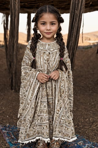 Full body view.Sepia-toned 8K HDR close-up captures the radiant confidence of a young Native American girl from 1890. Soft setting sun glow warms her excited face, blushing as she gazes directly at the viewer, intricate patterns and beads on her braids shimmering in the fading light. Traditional clothing, textured with intricate details, wraps around her slender frame. In the background, the village scene unfolds, showcasing daily life as she sits confidently with open legs, surrounded by the vibrant bustle of community.