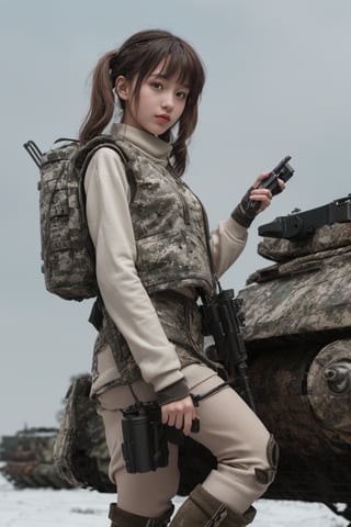 Masterpiece, Beautiful details, Perfect focus, Uniform 8K wallpaper, High resolution, Exquisite texture down to the smallest detail, Deformed, Simple background, Light gray background, 1 woman, Solo, Looking at viewer, Brown hair, Twin tails, Brown eyes, Smiling, Gloves, Long sleeves, Holding, Jacket, Weapon, Boots, Socks, Bag, Holding weapon, Gun, Military, Traditional media, Backpack, Helmet, Goggles, Ground vehicle, Holding gun, Automobile, Rifle, Cannon, Military vehicle, Camouflaged tank, Rugged truck, ((Deformed tank:1.5)), Machine gun, Goggles on hat,Deformed,dal-6 style